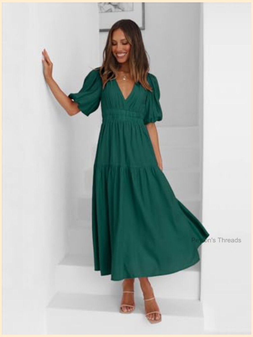 Deep V Neck Puff Short Sleeve Maxi Dress Flowy Tiered Boho Summer Dress - Picture 3 of 7